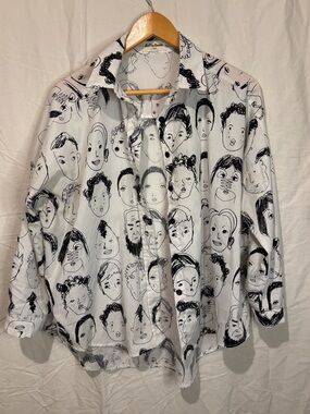 La Vie en Lente Abstract Face Print Button Up Shirt White Black Artsy